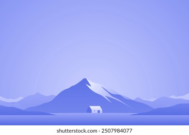 Minimalist landscape poster with lonely tree on island against mountain. Wild nature scene hand drawn painting. Lake and cliffs at twilight art wallpaper for prints and decoration. Vector illustration