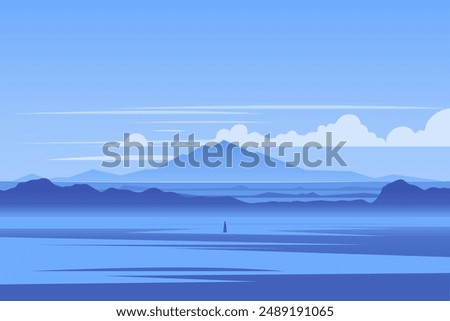 Minimalist landscape poster with lonely tree on island against mountain. Wild nature scene hand drawn painting. Lake and cliffs at twilight art wallpaper for prints and decoration. Vector illustration