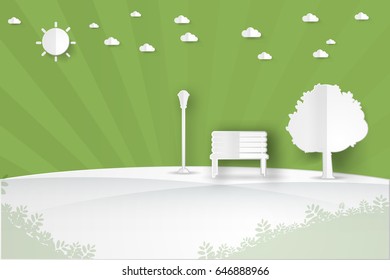 minimalist landscape public park in the city with tree,sun,cloud landscape background , paper art style vector illustration.