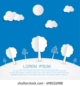 minimalist landscape public park in the city with tree,sun,cloud landscape background , paper art style vector illustration.