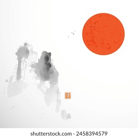 Minimalist landscape with red sun and birds flying over the mountains. Traditional oriental ink painting sumi-e, u-sin, go-hua. Hieroglyph - clarity