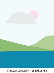 minimalist landscape river and mountains in a cloudy day pastel palette