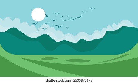 A minimalist landscape scene featuring rolling green hills under a bright, clear sky. 