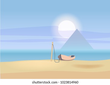Minimalist landscape, sea, boat, sun, isolated, vector, illustration