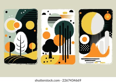Minimalist landscape set. Bauhaus. Grunge texture. Mid century modern graphic. 70s retro funky graphic. Abstract shapes. Design elements for social media, blog post, banner, card. Vector illustration