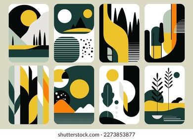 Minimalist landscape set. Bauhaus. Grunge texture. Mid century modern graphic. 70s retro funky graphic. Abstract shapes. Design elements for social media, blog post, banner, card. Vector illustration