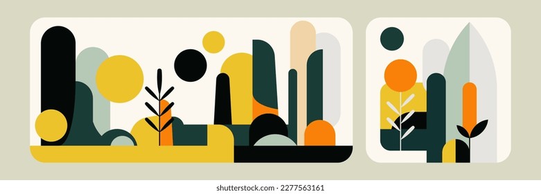 Minimalist landscape set. Bauhaus. Grunge texture. Mid century modern graphic. 70s retro funky graphic. Abstract shapes. Design elements for social media, blog post, banner, card. Vector illustration