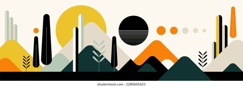 Minimalist landscape set. Bauhaus. Grunge texture. Mid century modern graphic. 70s retro funky graphic. Abstract shapes. Design elements for social media, blog post, banner, card. Vector illustration