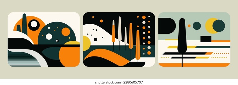Minimalist landscape set. Bauhaus. Grunge texture. Mid century modern graphic. 70s retro funky graphic. Abstract shapes. Design elements for social media, blog post, banner, card. Vector illustration