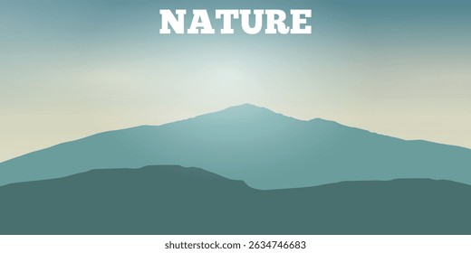 a minimalist landscape with several layers of blue mountains or hills disappearing into the distance, creating a serene and calming effect against the foggy, gradient sky.