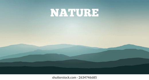 a minimalist landscape with several layers of blue mountains or hills disappearing into the distance, creating a serene and calming effect against the foggy, gradient sky.