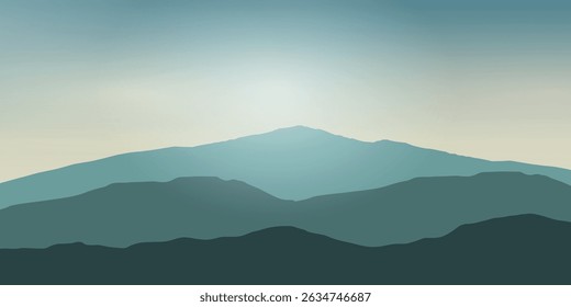 a minimalist landscape with several layers of blue mountains or hills disappearing into the distance, creating a serene and calming effect against the foggy, gradient sky.