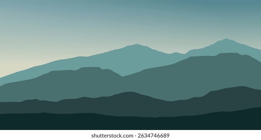 a minimalist landscape with several layers of blue mountains or hills disappearing into the distance, creating a serene and calming effect against the foggy, gradient sky.