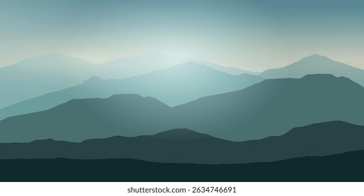 a minimalist landscape with several layers of blue mountains or hills disappearing into the distance, creating a serene and calming effect against the foggy, gradient sky.