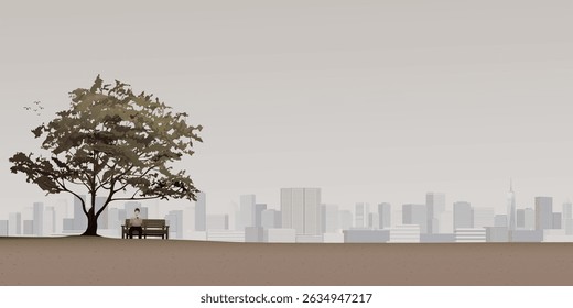 Minimalist landscape with silhouette of man using smartphone sitting on the bench under the tree have skyscrapers far away graphic illustration.