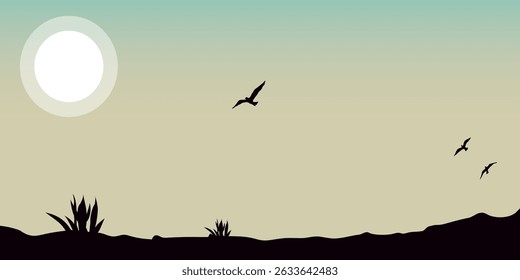 A minimalist landscape with silhouettes of grass and hills in the background, a white sun in the sky, and several flying birds. The scene has a calm and simple mood.