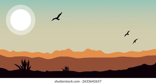 minimalist landscape with silhouettes of grass and hills in orange shades, white sun in the sky and several flying birds.