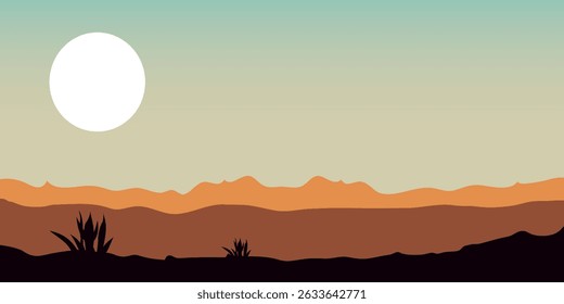 minimalist landscape with silhouettes of grass and hills in orange shades, white sun in the sky.