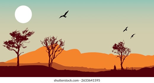  A minimalist landscape with silhouettes of trees against a horizon with orange and red hues, a white sun high in the sky, and several flying birds.