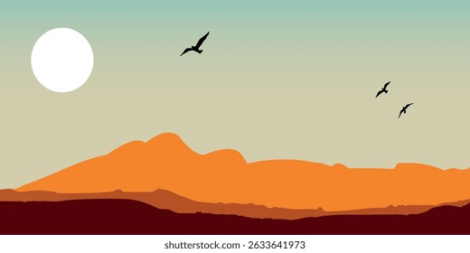 a minimalist landscape with silhouettes of trees against orange hills, white sun in the sky and several flying birds.