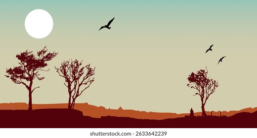  a minimalist landscape with silhouettes of trees against orange hills, white sun in the sky and several flying birds.