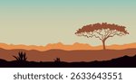 A minimalist landscape with silhouettes of trees typical of African savannas against a backdrop of orange hills.