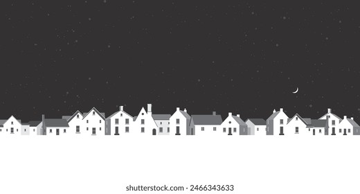 Minimalist landscape with small town geometric shape at night monochromatic flat design illustrated have blank space.