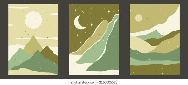 Minimalist landscape. Summer boho landscape. Abstract mountain contemporary aesthetic backgrounds landscapes.  Stock vector illustration.Design elements for postcard, cover, brochure, magazine