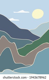 Minimalist landscape. Sunrise and sunset in the mountains. Abstract lines. Simple mosaic style. The concept of travel, leisure and tourism. Beautiful nature. Vector