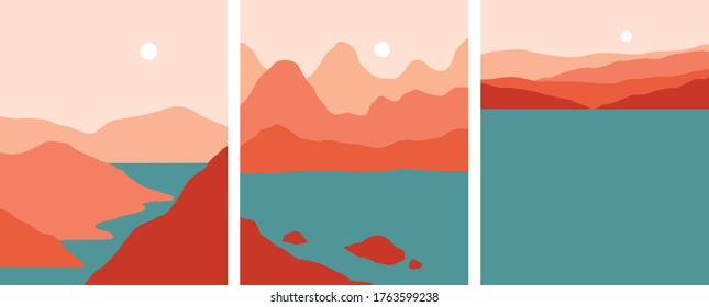 minimalist landscape sunset set vector illustrations 