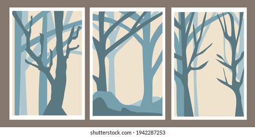 Minimalist landscape. Trees in the forest. Branches without leaves. Abstract lines, simple style. Pastel colors. Concept of travel, leisure and tourism. Beautiful nature. Vector 