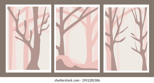 Un paisaje minimalista. Árboles en el bosque. Ramas sin hojas. Líneas abstractas, estilo sencillo. Colores pasteles. Concepto de viajes, ocio y turismo. Bonita naturaleza. Ilustración vectorial.