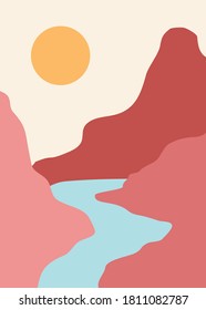 Minimalist landscape trendy design, flat illustration, poster mountains river and sun with nice colors, flat design illustration art
