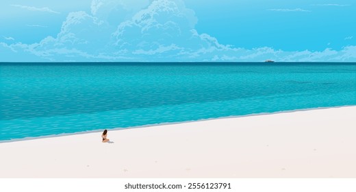 Minimalist landscape of tropical blue sea with a girl sunbathe at white sand beach have blue sky background graphic illustration. Traveling in summer concept have blank space.