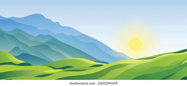 Minimalist landscape, view of summer landscape, spring hills, green meadows and hills, sunny day, vector illustration