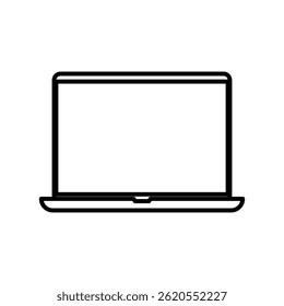 Minimalist laptop icon. A simple black and white line drawing of a laptop, representing digital technology, remote work, or online connectivity. Vector illustration.