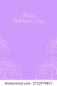 Fondo de lavanda minimalista con "Feliz Día de San Valentín" en delicado guión blanco y sutiles esquinas de rosa blanca, ideal para tarjetas de felicitación, invitaciones, publicaciones en redes sociales y pósters.