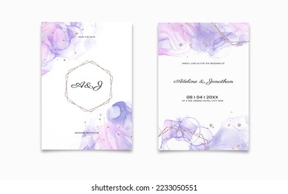 Minimalist lavender violet wedding invitation set with liquid watercolor background and rose gold glitter. Pink and purple pastel marble alcohol ink painting effect.Vector backdrop for creative design