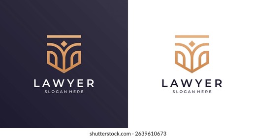 Minimalist law firm logo template. Golden letter M with lawyer, pillar and shield vector illustration.