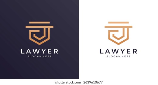 Minimalist law firm logo template. Golden letter J with lawyer, pillar and shield vector illustration.