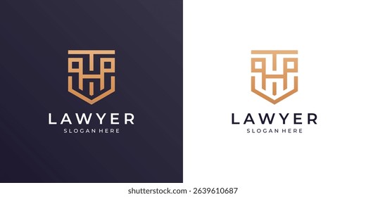 Minimalist law firm logo template. Golden letter H with lawyer, pillar and shield vector illustration.