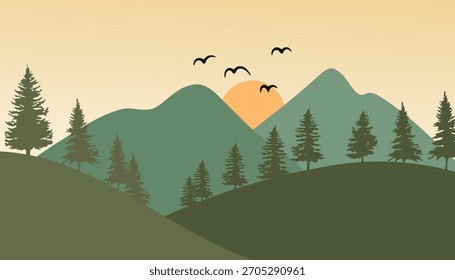 Minimalist Layered Landscape Mountain and Pine Tree Illustration. Vector illustration