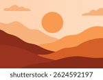 Minimalist Layered Mountain Landscape Background. Abstract Nature Horizon Banner with Sunrise and Smooth Hills. Calm Scenic View for Travel, Poster, Website Header, or Wallpaper. Vector Illustration