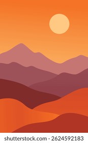 Minimalist Layered Mountain Landscape Background. Abstract Nature Horizon Banner with Sunrise and Smooth Hills. Calm Scenic View for Travel, Poster, Website Header, or Wallpaper. Vector Illustration