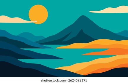 Minimalist Layered Mountain Landscape Background. Abstract Nature Horizon Banner with Sunrise and Smooth Hills. Calm Scenic View for Travel, Poster, Website Header, or Wallpaper. Vector Illustration