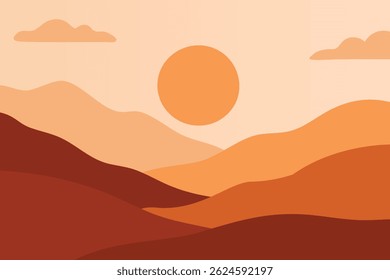 Minimalist Layered Mountain Landscape Background. Abstract Nature Horizon Banner with Sunrise and Smooth Hills. Calm Scenic View for Travel, Poster, Website Header, or Wallpaper. Vector Illustration