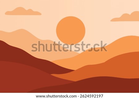 Minimalist Layered Mountain Landscape Background. Abstract Nature Horizon Banner with Sunrise and Smooth Hills. Calm Scenic View for Travel, Poster, Website Header, or Wallpaper. Vector Illustration