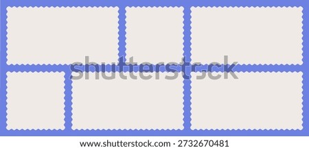 Minimalist layout of 6 blank, clean white rectangular and square frames, 3 each, in 2 rows with jagged, zig-zag, wavy edges on purple background. Horizontal banner vector template.