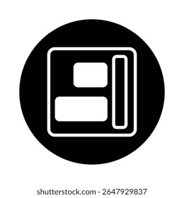 Design minimalista de ícone de layout apresentando formas geométricas dentro de uma representação de quadro circular preto para interface digital