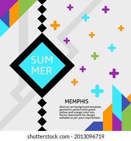 Minimalist layout with soft grey background, diamond center piece, colorful plus symbols scattered, and diagonal color accents creating a clean and modern Memphis style vibe.